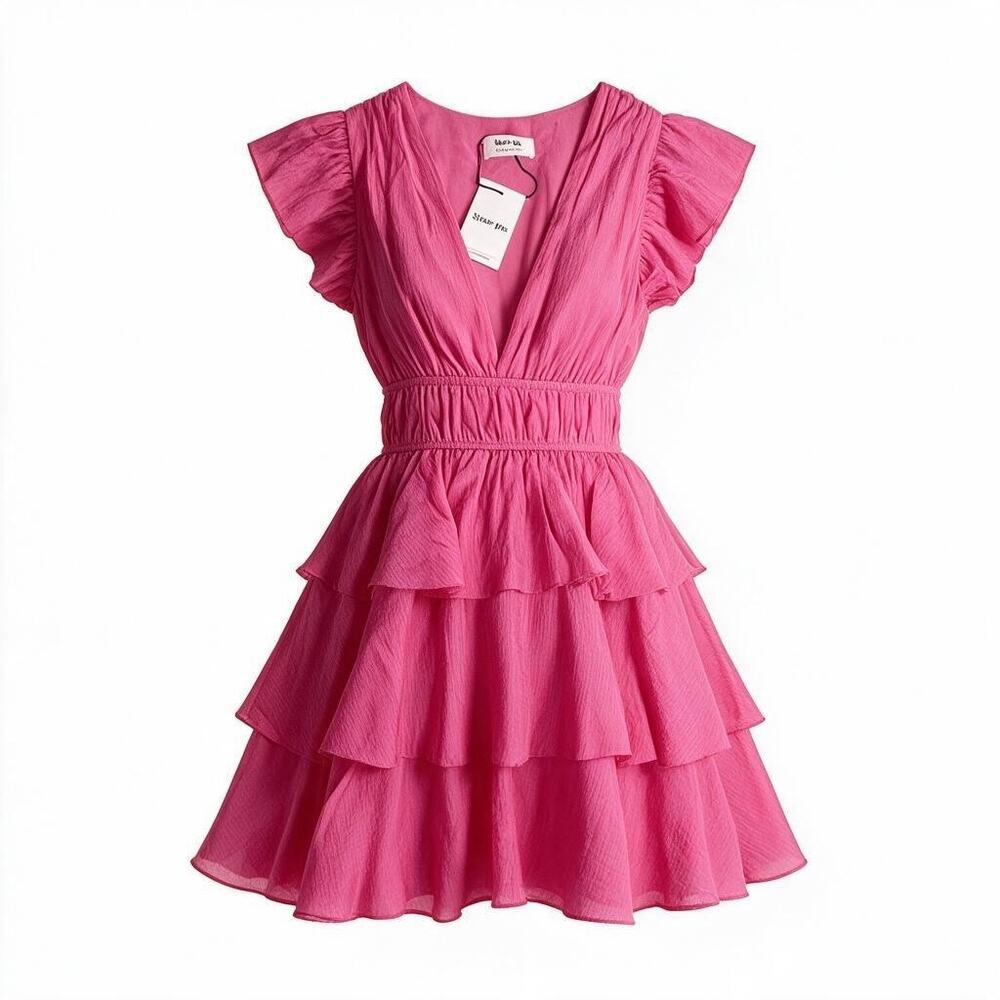 Show Po Pink Ruffled Dress Layered Flutter Sleeve Mini Smocked Waist Women 2 New